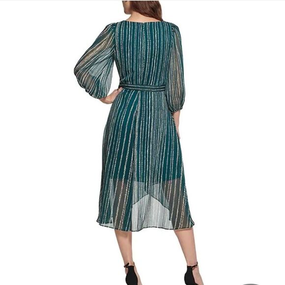 DKNY Metallic Stripe Print Surplice VNeck 3/4 Balloon Sleeve Tie Waist Faux Wrap - Picture 3 of 8
